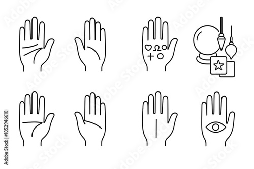 Hand Mysticism Icons. Line style icons of Hand Mysticism: Palm Lines, Life Line, Mount Symbols, Fortune Telling Tools; Heart Line,