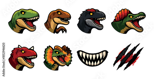 Colorful dinosaur emblems with fierce expressions and unique designs
