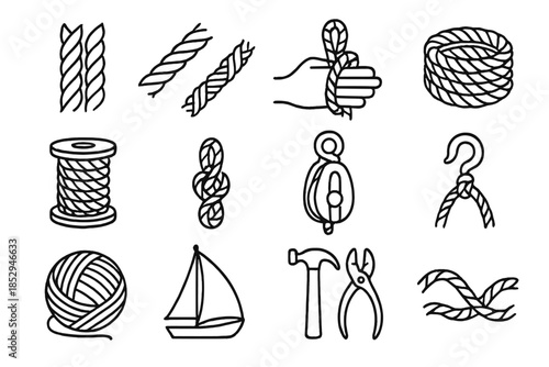 Nautical Rope Icons. Line style icons of Nautical Rope Work: Twisting Fibers, Hemp, Sailor's Craft, Coil; Rope Spool, Knot, Pulley