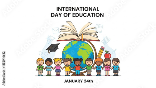 International Day of Education illustration diverse children holding hands around a globe with an open book celebrating learning and knowledge on January 24th