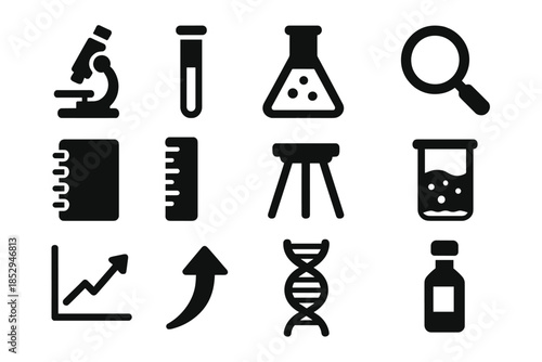 Laboratory Tools Icons. Solid style icons of laboratory and field research tools: microscope, test tube, flask, magnifying glass,