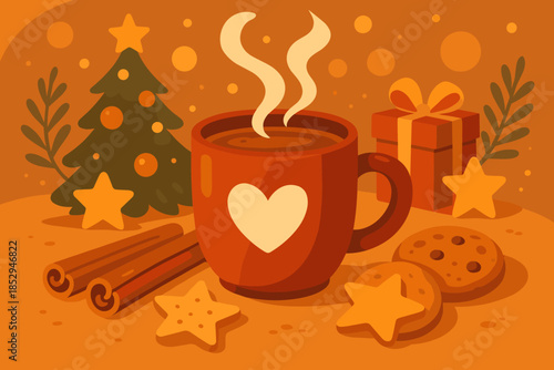 Festive Cocoa Delight. Festive holiday scene with a steaming mug of hot cocoa surrounded by cinnamon sticks and cookies, vector