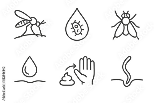 Vector-Borne Transmission Icons. Line style icons of Vector-Borne Transmission: biting insect, contaminated water droplet, fly on