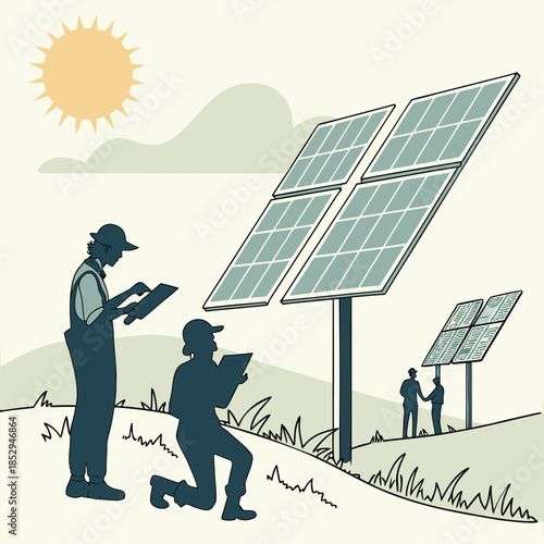 Engineers inspecting solar panels
