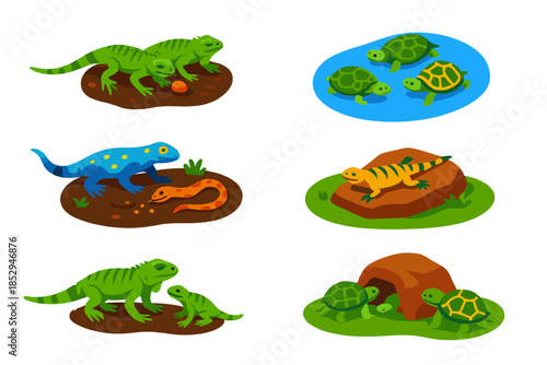 Reptile Social Learning. Isometric vector illustration set Social learning in reptiles: green iguanas copying foraging, pond
