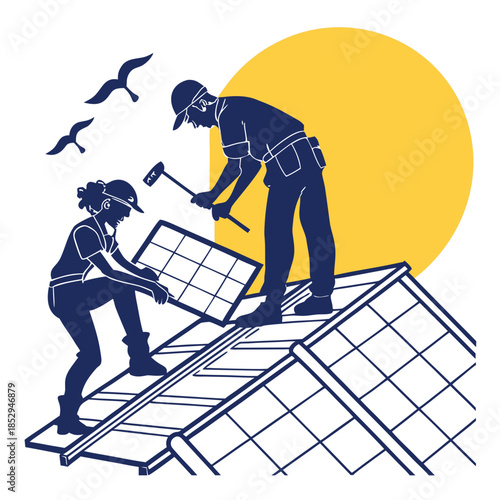 Workers installing solar panels