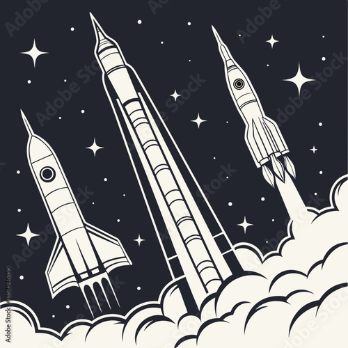 Three rockets launching into space