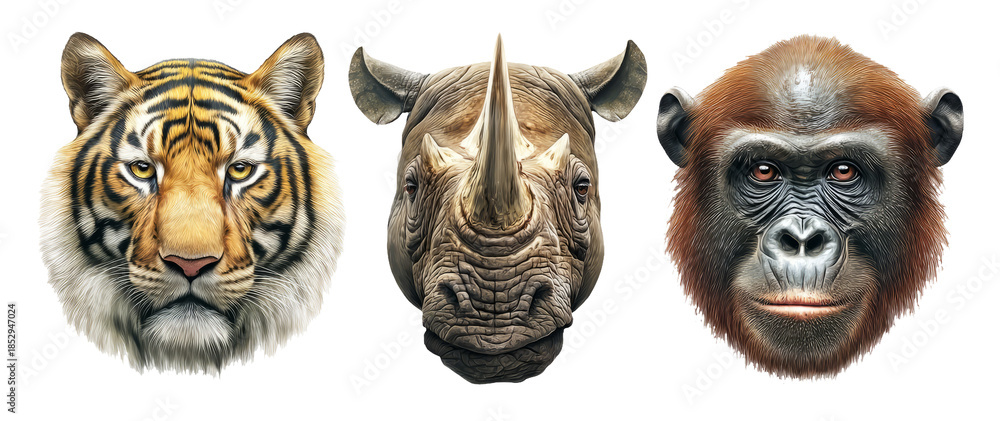 Fototapeta premium Highly Detailed Wildlife Head Portraits of Tiger, Rhino, and Gorilla in Vector Style