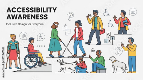 Accessibility awareness illustration diverse people with disabilities and support symbols inclusive design concept for web and print
