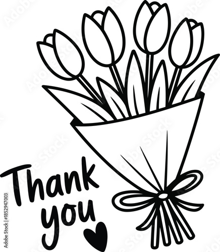Bouquet of Tulips Line Icon with Tulip Flowers, Buds, Leaves, Stems and Ribbon Wrap on White Background. Floral Outline Vector
