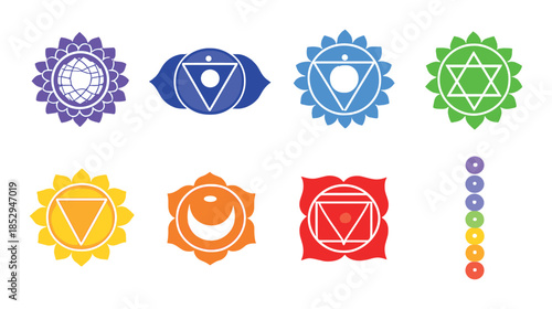 Colorful chakra symbols with vivid spectrum alignment on dark background