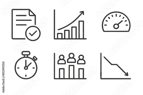 Productivity Indicator Icons. Line style icons of Productivity Indicators: task completion icon, efficiency ratio chart,