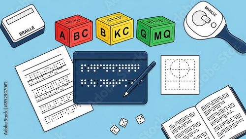 Collection of Braille learning tools and educational materials representing literacy and accessibility for the visually impaired isolated on a blue background