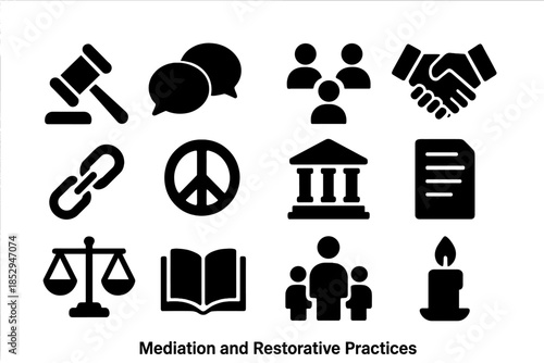 Restorative Icons. Solid style icons of mediation and restorative practices: gavel, dialogue bubbles, group circle, handshake,