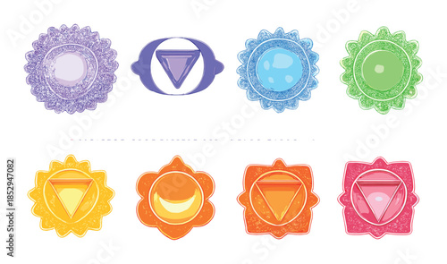 Colorful chakra symbols on radiant background