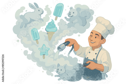 Magical Culinary Creations. Chef using liquid nitrogen with clouds of smoke turning into playful animals and glowing frozen treats