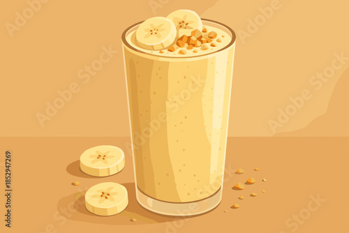 Banana Smoothie Delight. Freshly blended banana smoothie in a tall glass, topped with sliced bananas and crushed nuts, soft warm