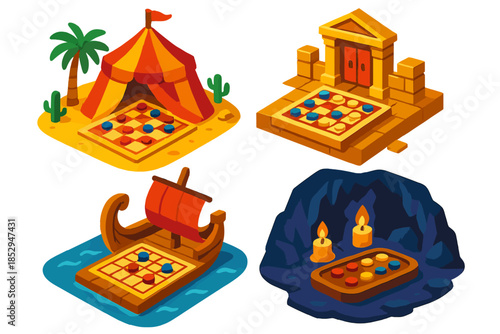Ancient Game Settings. Isometric vector illustration set Ancient Game Settings: Desert tent game scene, temple floor with board,