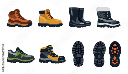 Diverse footwear collection: hiking, rubber, snow boots, athletic shoes with soles