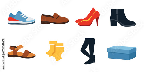 Colorful shoe collection featuring sneakers, loafers, heels, boots, sandals, socks, and shoe box