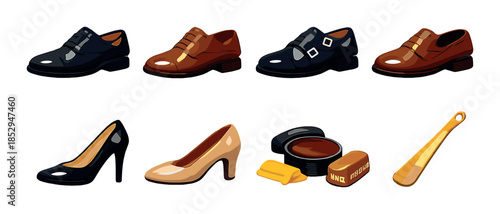 Elegant leather shoes and accessories display with shoe polish and shoehorn