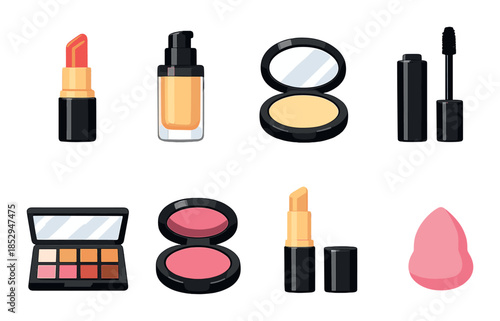 Assorted makeup products on black background: lipstick, foundation, eyeshadow, blush, mascara