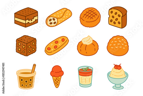 Sweet treat and drink colorful icons. Bakery dessert and pastry cartoon element design. Tiramisu, Cannoli, Panettone, Panforte, Biscotti, Zeppole, Bombolone, Thai tea, Gelato, Panna cotta, Ice cream