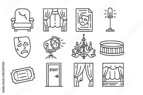 Forgotten Theater Icons. Line style icons of forgotten theater: velvet seat, stage curtain, old playbill, ghost light; cracked