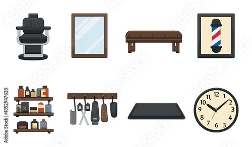 Barbershop essentials: chair, mirror, tools, barber pole, and clock
