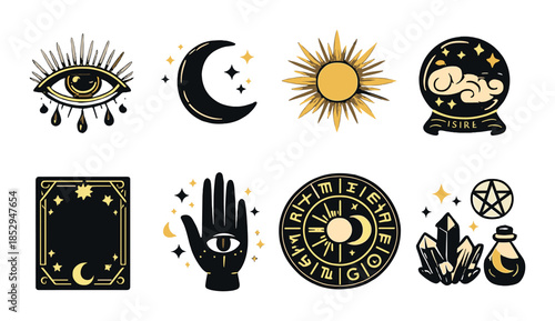Mystical symbols collection with sun, moon, eye, and tarot illustrations