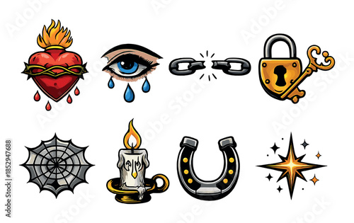 Colorful symbolic icons: heart, eye, lock, key, spiderweb, candle, horseshoe, star