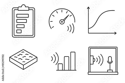 Noise Reduction Icons. Line style icons of Noise Reduction Coefficients: NRC rating chart, decibel scale icon, absorption