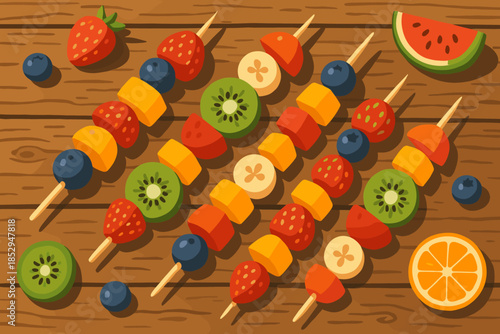 Vibrant Fruit Skewers. Colorful fruit skewers on a rustic wooden table, vibrant tones and natural lighting, playful and fresh,