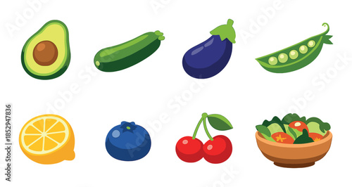 Colorful array of fruits and vegetables: avocado, zucchini, eggplant, peas, lemon, berries, cherries, salad bowl