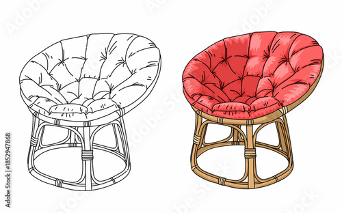a drawing of a Soft pink chair and a Rattan wood indoor furniture