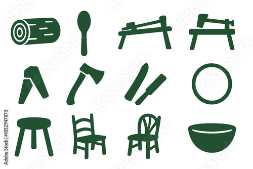 Green Woodworking Icons. Solid style icons of green woodworking: fresh timber log, wooden spoon blank, shaving horse, pole lathe,