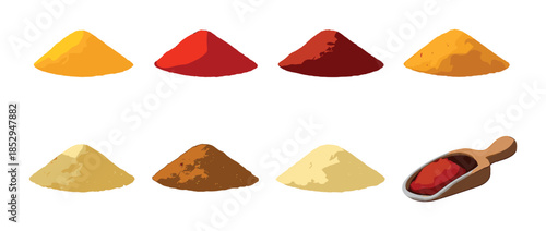 Colorful spice assortment with wooden scoop on gradient background