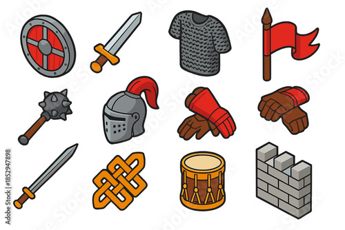Viking Weapons & Armor. Isometric vector illustration set Sword & Shield: Viking round shield with metal rim, straight longsword,