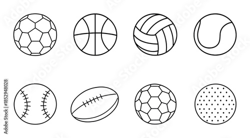Outline icons of sports balls: soccer, basketball, volleyball, tennis, baseball, football, rugby, golf