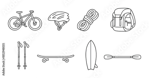 Outdoor adventure gear icons: bike, helmet, rope, backpack, poles, skateboard, surfboard, paddle