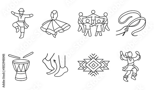 Traditional dance icons set with musical elements and geometric patterns