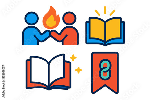 Mutual Insight Icons. Flat vector icons of mutual insight: two figures sharing glowing flame, open book reflecting light, turning