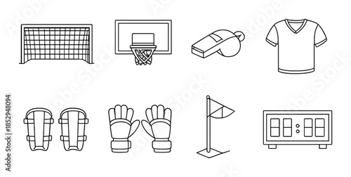 Sports equipment icons: net, hoop, whistle, jersey, pads, gloves, flag, scoreboard