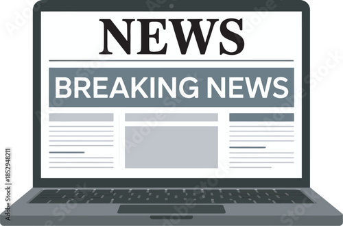 Online newspaper on laptop screen, digital news website interface with breaking news headline, reading daily or weekly updates, events and activities shown on computer display for journalism concept.
