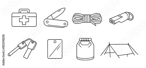 Essential camping gear: first aid kit, knife, rope, whistle, carabiner, cutting board, jar, tent