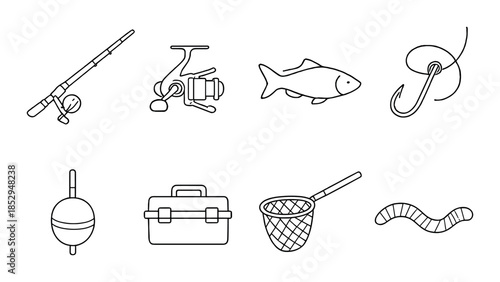 Fishing equipment icons: rod, reel, fish, hook, bobber, tackle box, net, worm