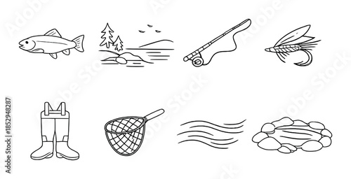 Monochrome fishing icons collection: fish, rod, flies, and gear