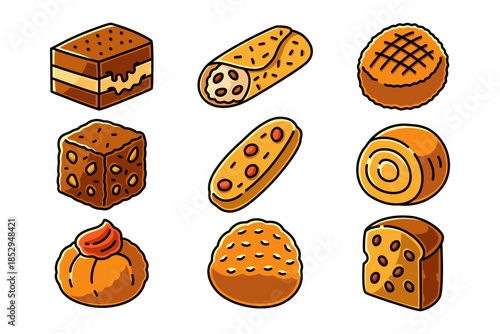 Sweet pastries colorful icon set for cafeteria. Bakery desserts cartoon element designs for cafes. Tiramisu, Cannoli, Amaretti, Panforte, Biscotti, Zeppole, Amaretti, Panettone . Vector illustration