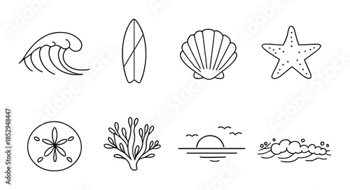 Ocean icons: wave, surfboard, shell, starfish, sand dollar, coral, sunset, foam