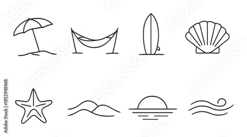 Minimalist beach icons: umbrella, hammock, surfboard, seashell, starfish, waves, sunset